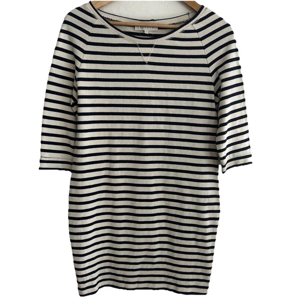 SANDRO Black Cream S Striped Shift Dress Leather 3/4‎ Sleeve Paris Coastal
